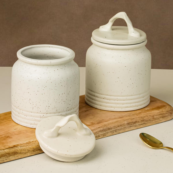 White Matte 700 ML Ceramic Pickle Jars with Air Tight Lid Set of 2
